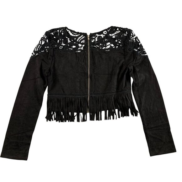 JOA Los Angeles Black Crochet Fringe Crop Jacket Boho Lace Long Sleeve Top XS - Picture 3 of 9